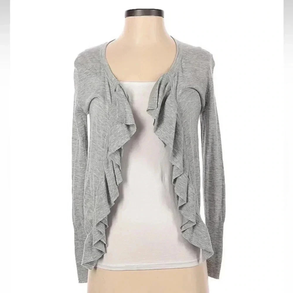 Vintage Banana Republic Y2K Grey Ribbed Wool Blend Ruffle Open Front Cardigan XS